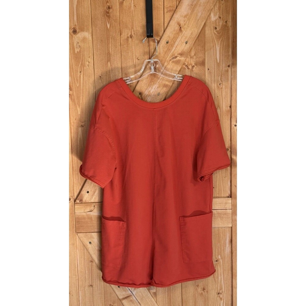 Orange Romper Womens Oversized Lounge Short Sleeve V Back Pockets Casual Small
